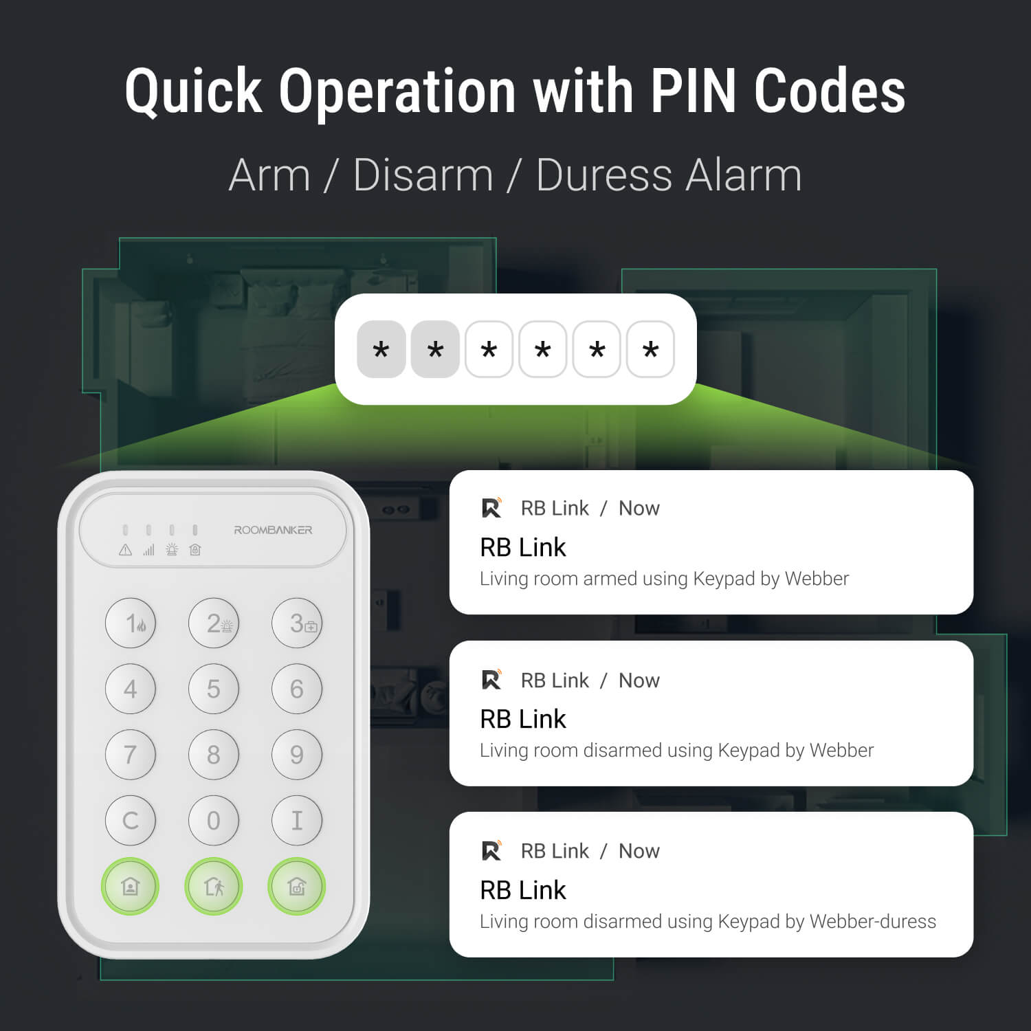 Keypad with One-Click Arming/Disarming, Advanced Encryption, Long-Range Communication - Requires Roombanker Hub