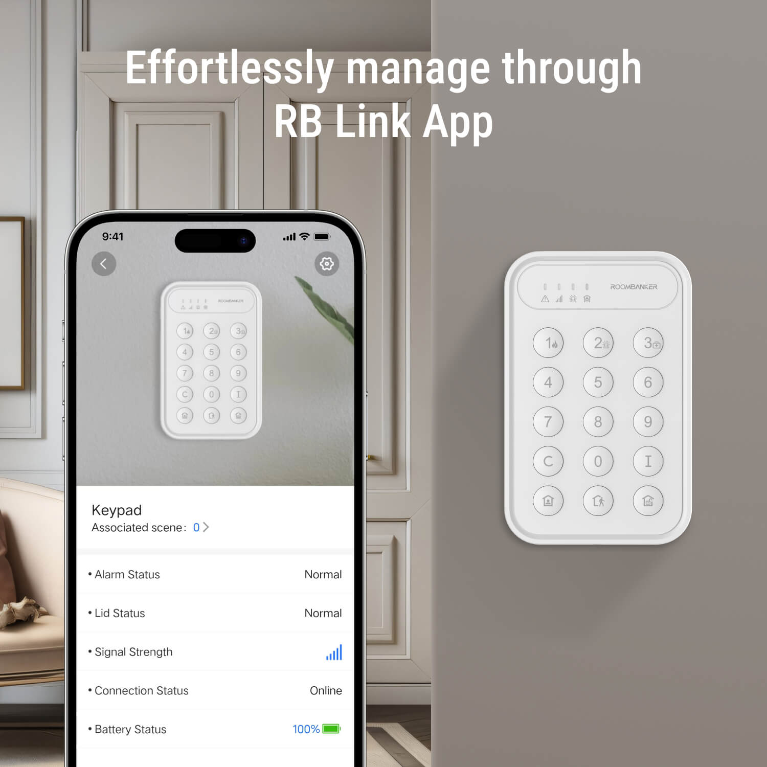 Keypad with One-Click Arming/Disarming, Advanced Encryption, Long-Range Communication - Requires Roombanker Hub