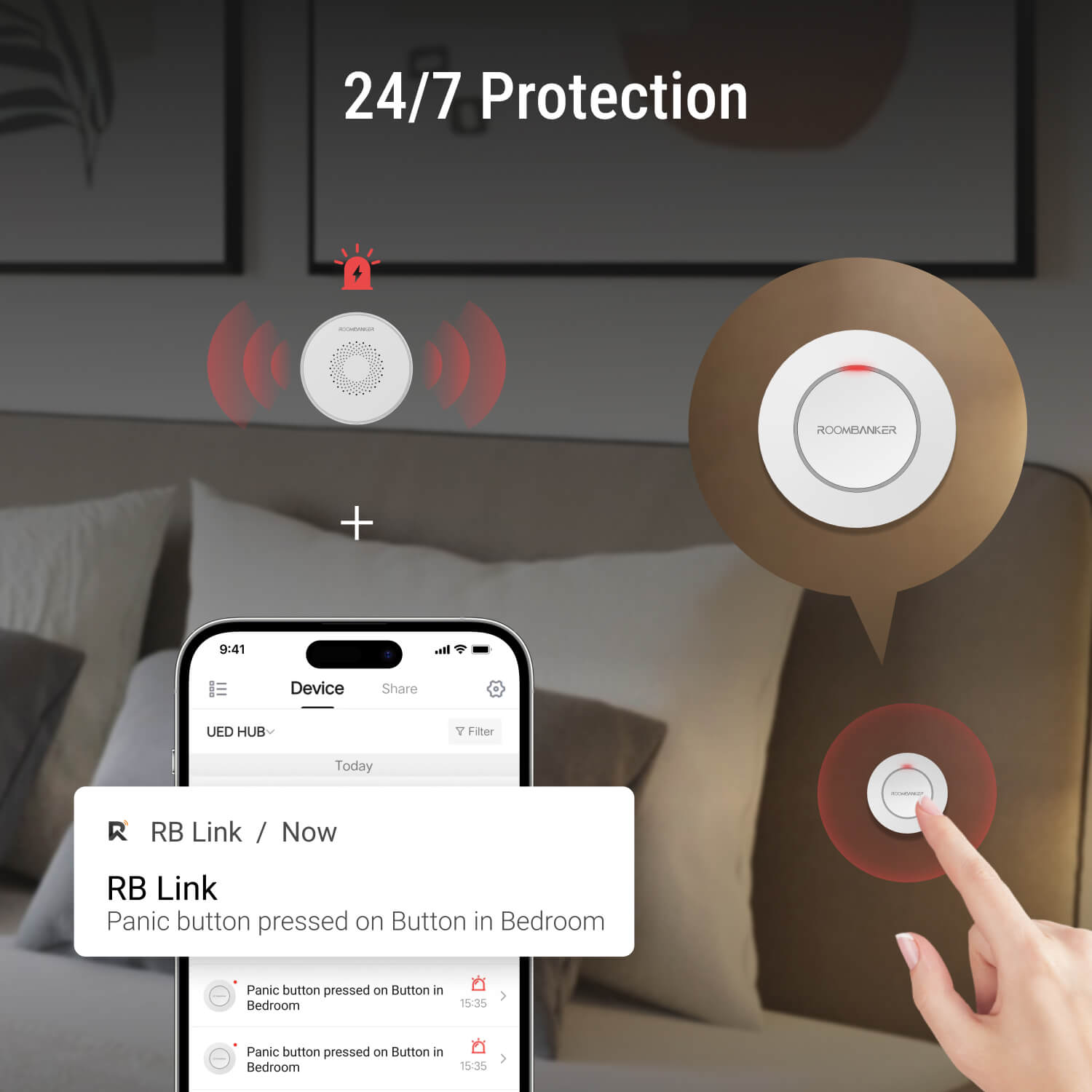 Panic Button - One-Push Alert, Long Range & Encrypted Communication, Requires Roombanker Hub