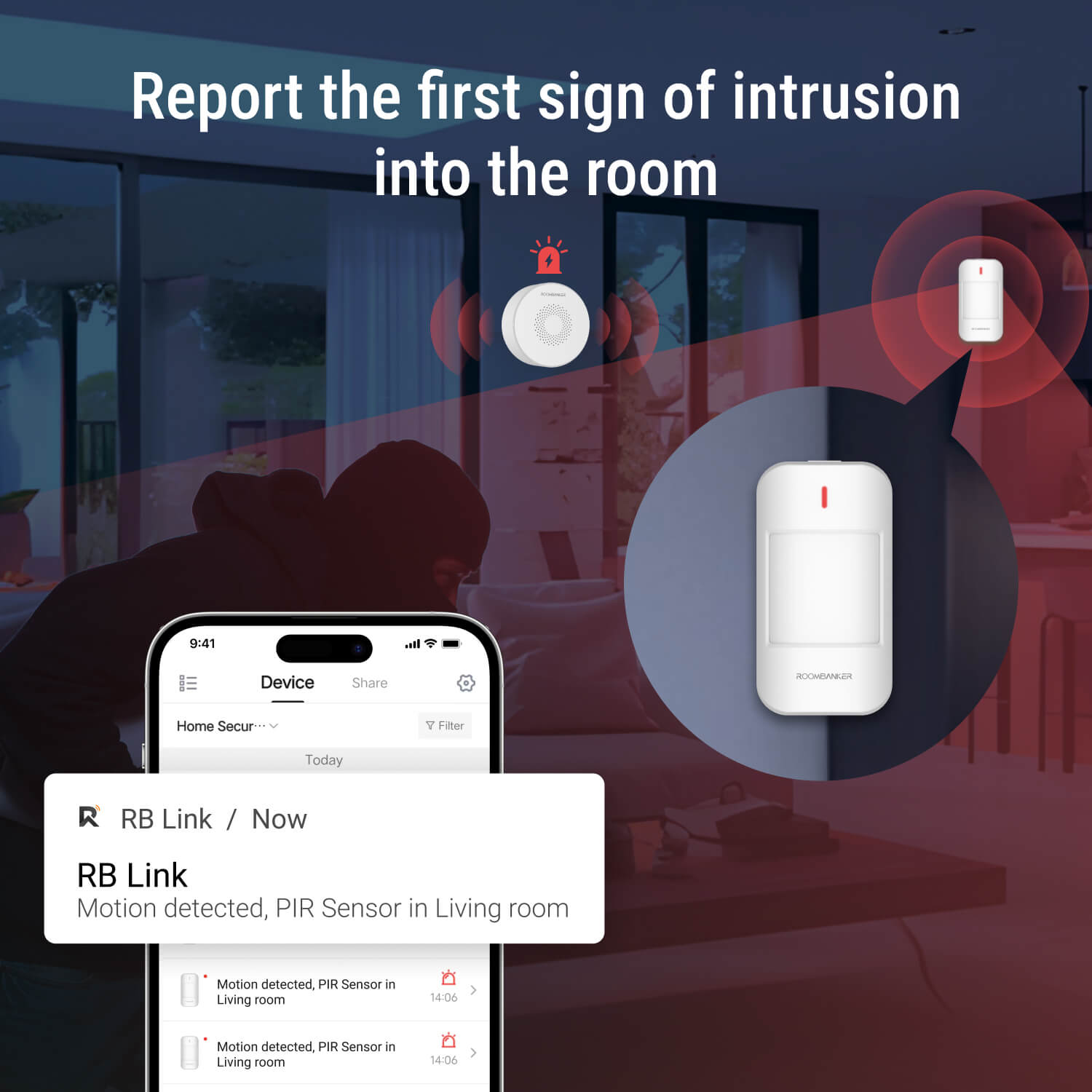 PIR Sensor - Long-Range Detection with AES Encryption, Requires Roombanker Security Hub